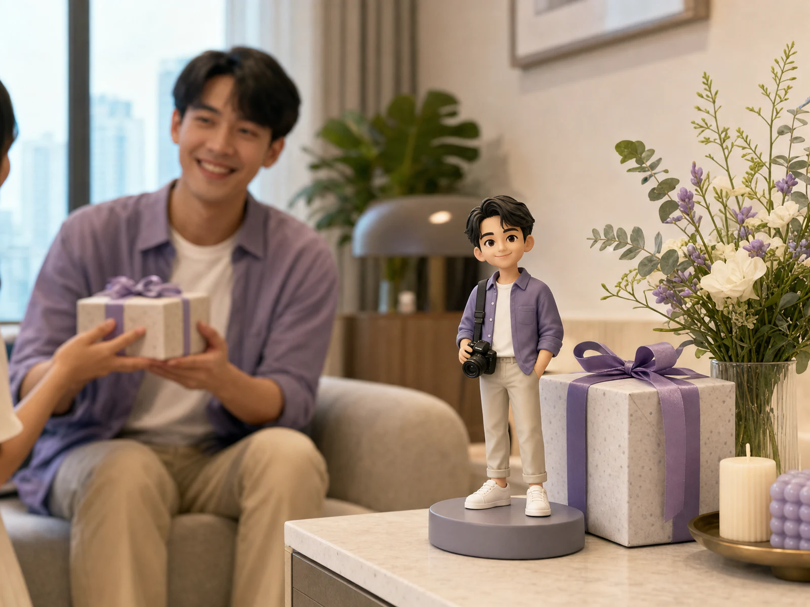ภาพคอนเซ็ปต์ของผู้รับชาวไทยกับฟิกเกอร์วันเกิดสั่งทำและกล่องของขวัญ ไม่ใช่ออเดอร์ลูกค้าจริง