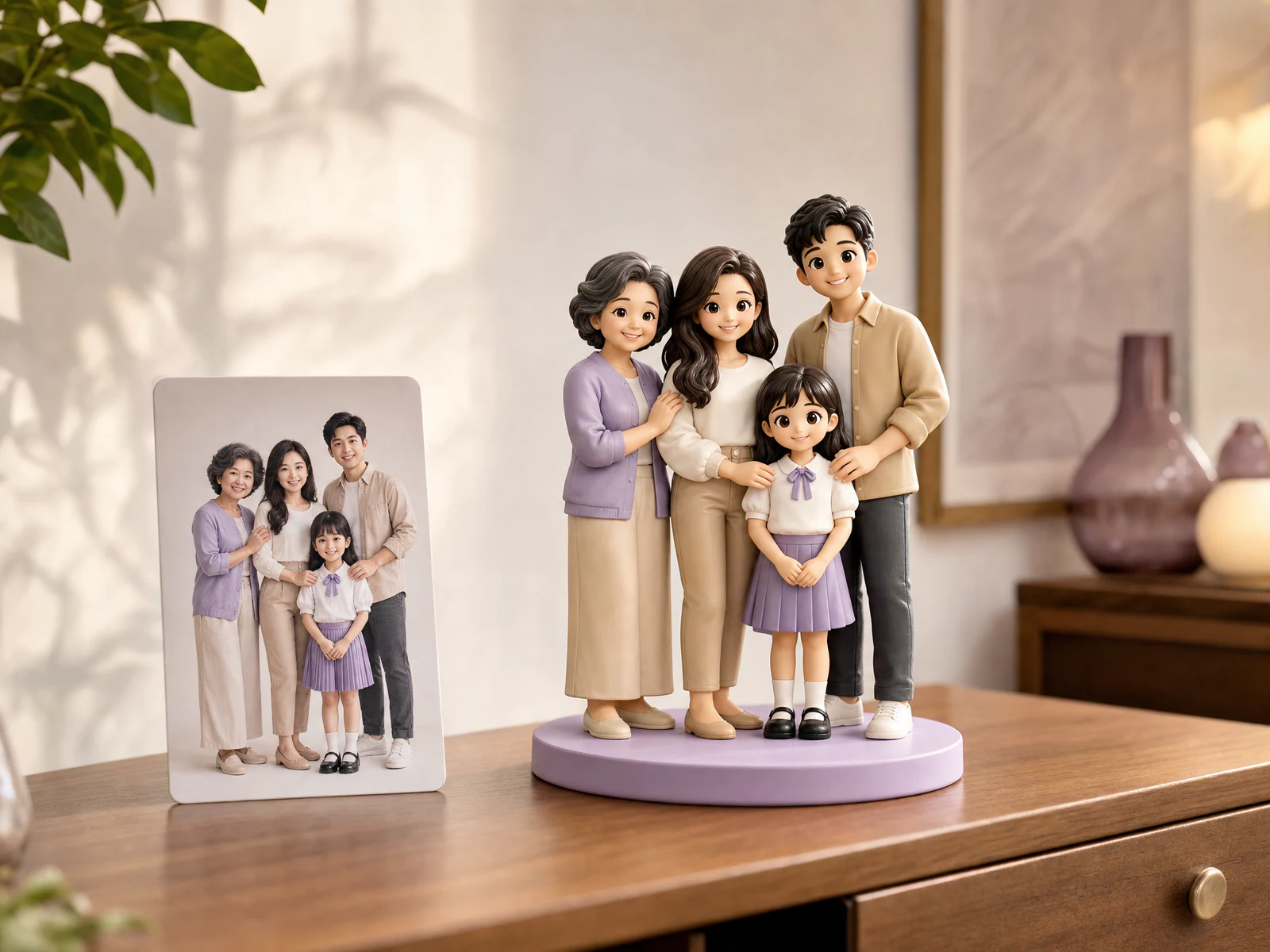 ภาพคอนเซ็ปต์ของฟิกเกอร์ครอบครัวไทยสี่คนบนฐานสีม่วงข้างรูปอ้างอิง ไม่ใช่ผลงานของลูกค้าจริง