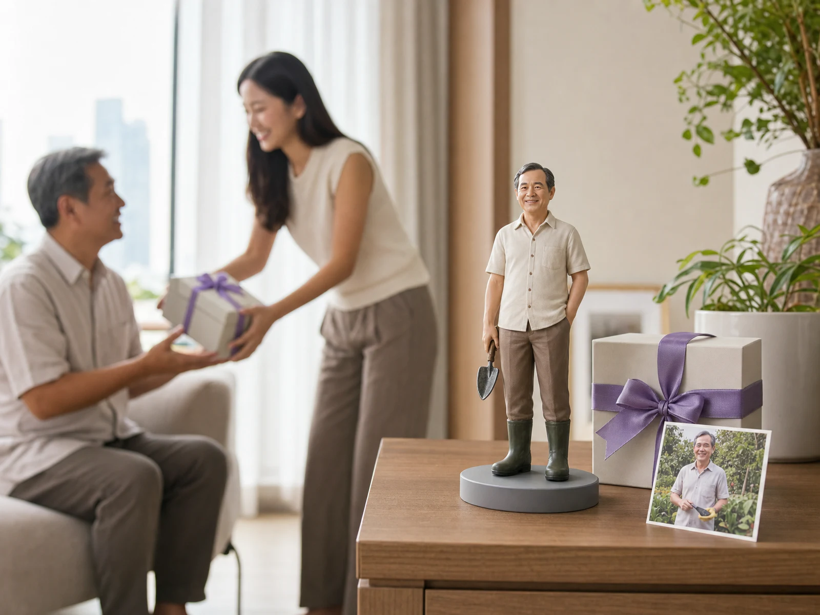 Editorial concept of a Thai father with a custom gardening figurine; not a customer order