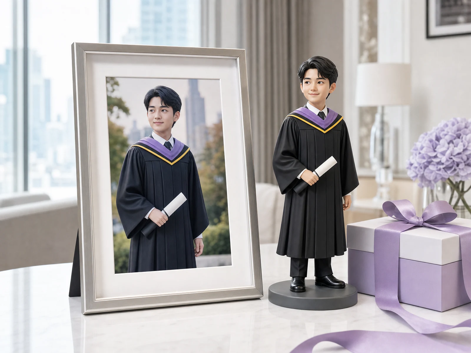 รูปบัณฑิตในชุดครุยวางคู่กับฟิกเกอร์รับปริญญาสั่งทำและกล่องของขวัญ