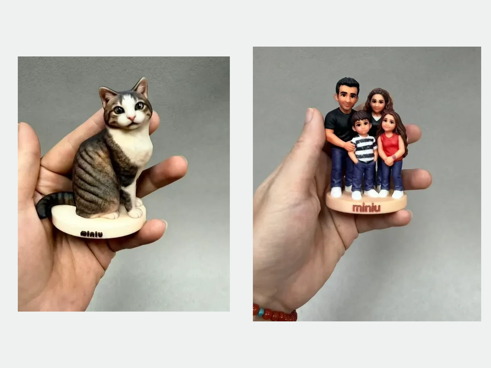 ภาพถ่ายฟิกเกอร์ Miniu ชิ้นจริงจากคนละออเดอร์: แมวลายบนฐานกลมและครอบครัวสี่คน