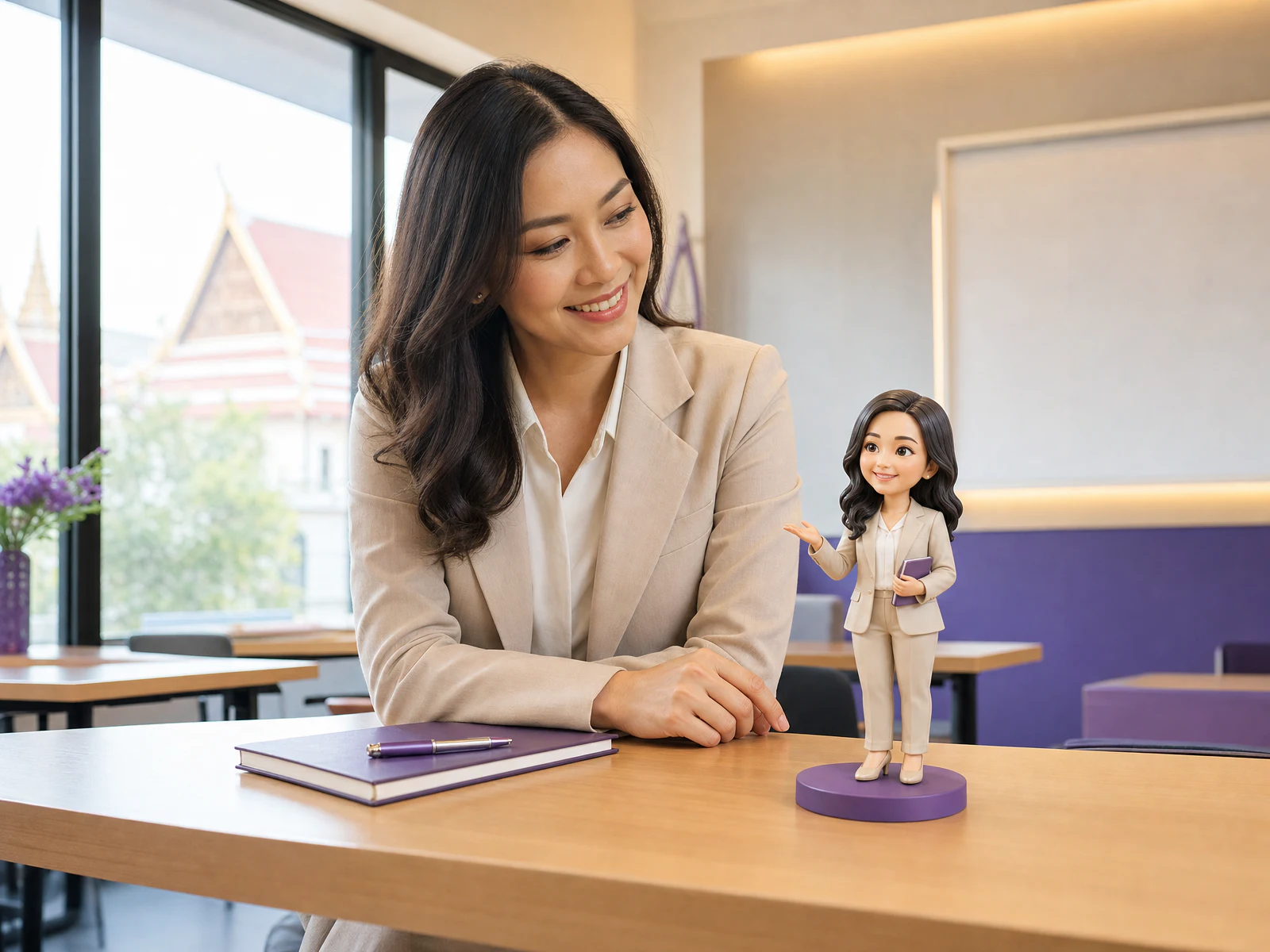 Editorial concept of a Thai professional with a custom figurine sharing her clothing and presentation pose; not a real customer order