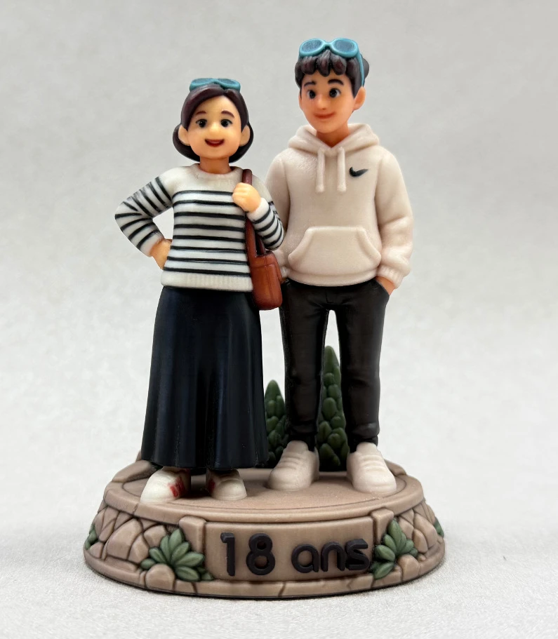 คู่รัก Chibi Miniu ที่ผลิตจริง มีศีรษะใหญ่และลำตัวเล็กบนฐานชื่อครบรอบ